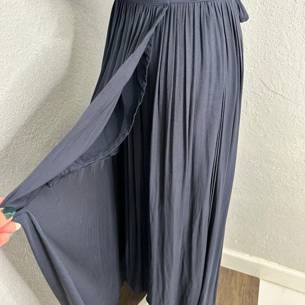 Free People Navy Blue Embroidered Maxi Dress Flutter‎ Sleeve Wrap Front